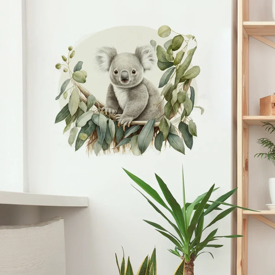 Cartoon Cute Koala Sitting in Eucalyptus Trees Wall Sticker for Kids Rooms Nursery Wall Decor Vinyl Watercolor Home Decor