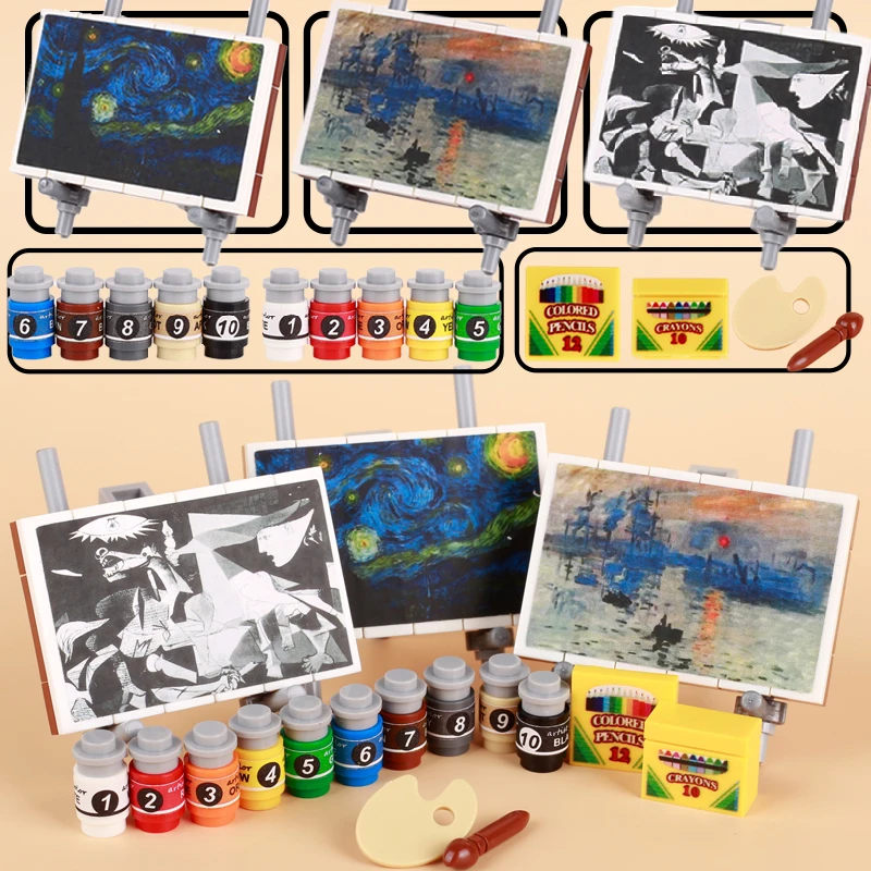 World Famous Oil Painting Sticker Rack Building Blocks Starry Nights Drawing Board Brush Paint Palette Color Crayon Bricks Toy