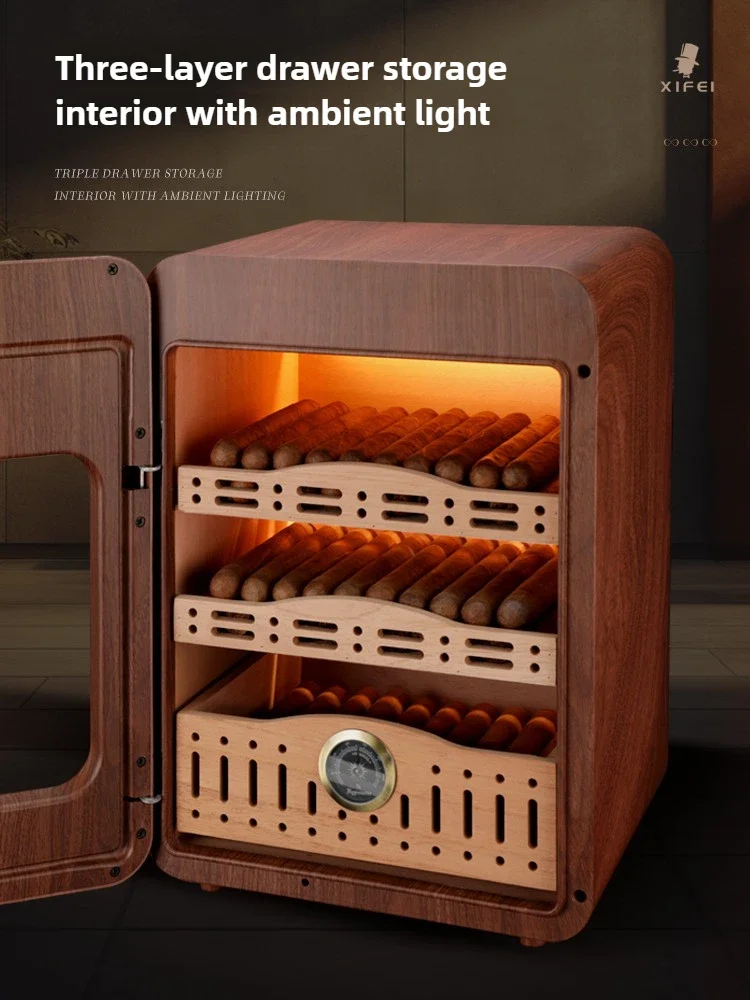 cigars Moisturizer Cedar Wood Fashion Curved Mini LED Light Large Capacity Alcohol Nourishing Three-layer Cigar Cabinet