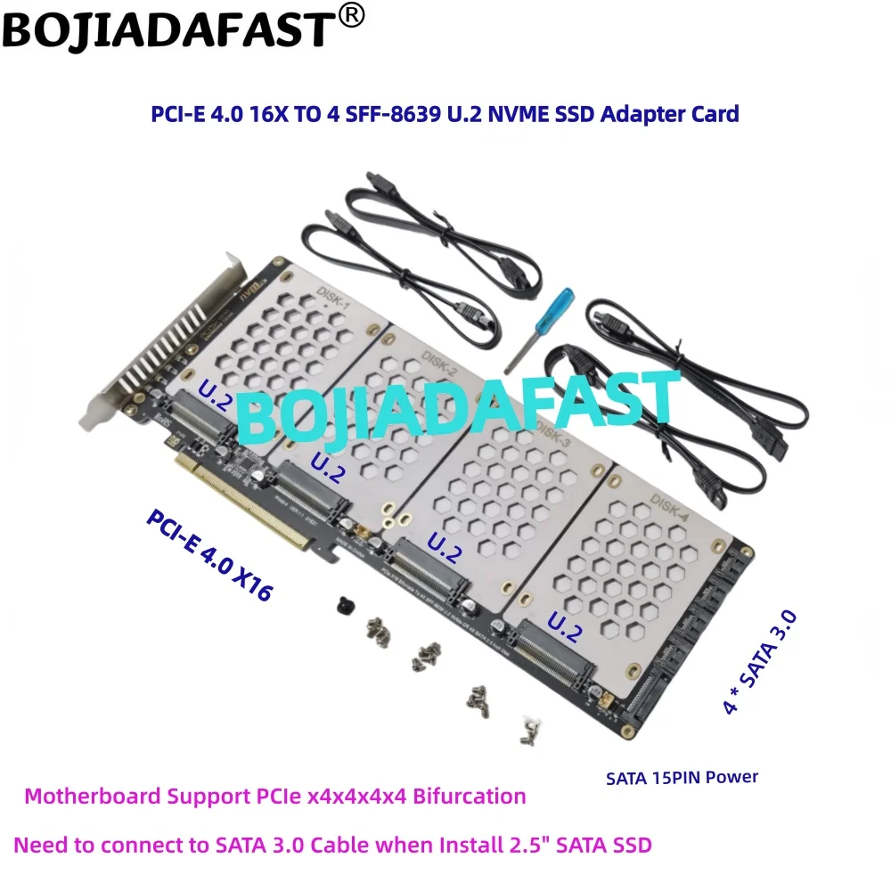

PCI Express 3.0 PCI-E 4.0 16X To 4 * U.2 SFF-8639 U2 NVME SSD Adapter Card also Support 2.5" SATA SSD