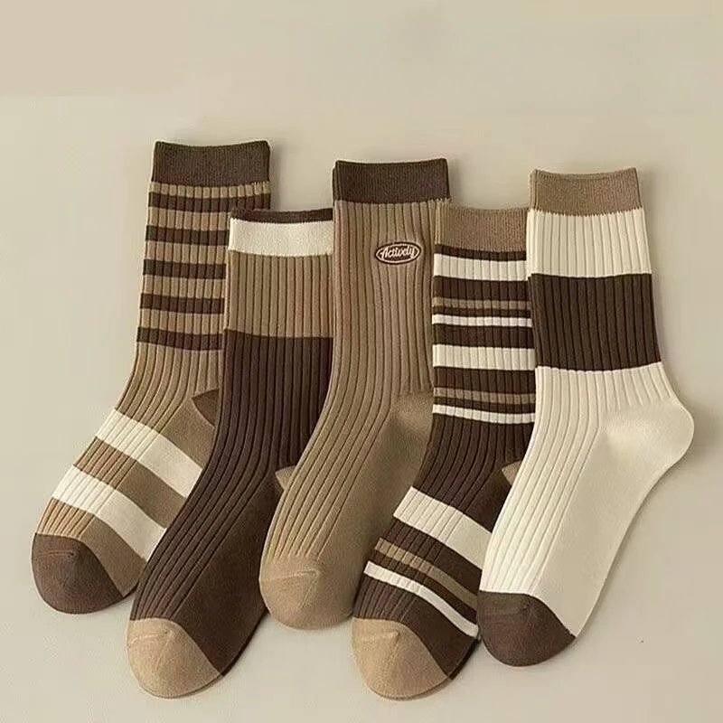 

5 Pairs Women's Autumn and Winter Warm Long Socks Ladies Striped Mid High Socks for Woman Fashion Female Grip Socks Set Hosiery