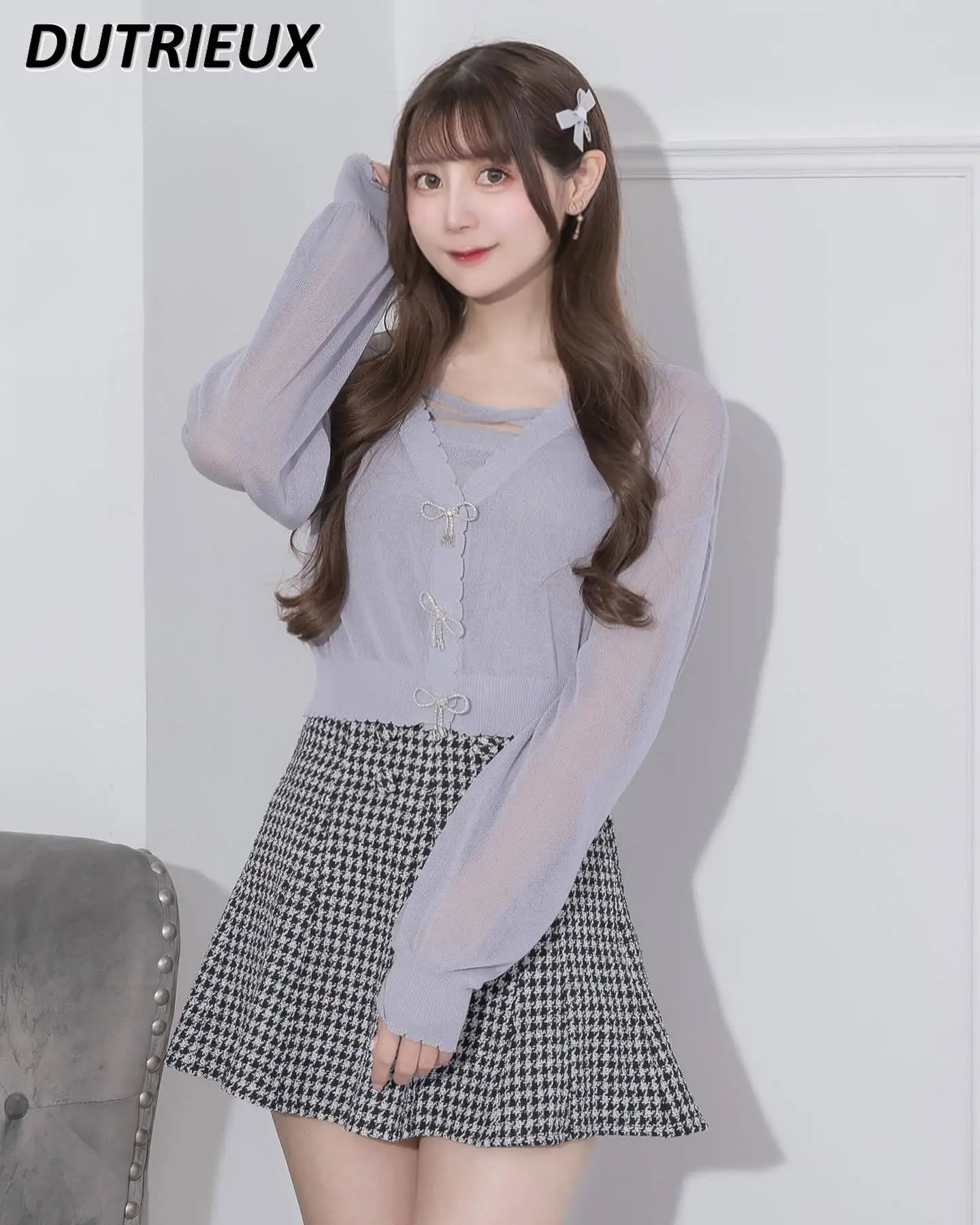 Japanese Style New Mine Mass-Produced Soft Girl Thin Short Sweater Transparent Sun Protection Sling Cardigan Two-Piece Suit