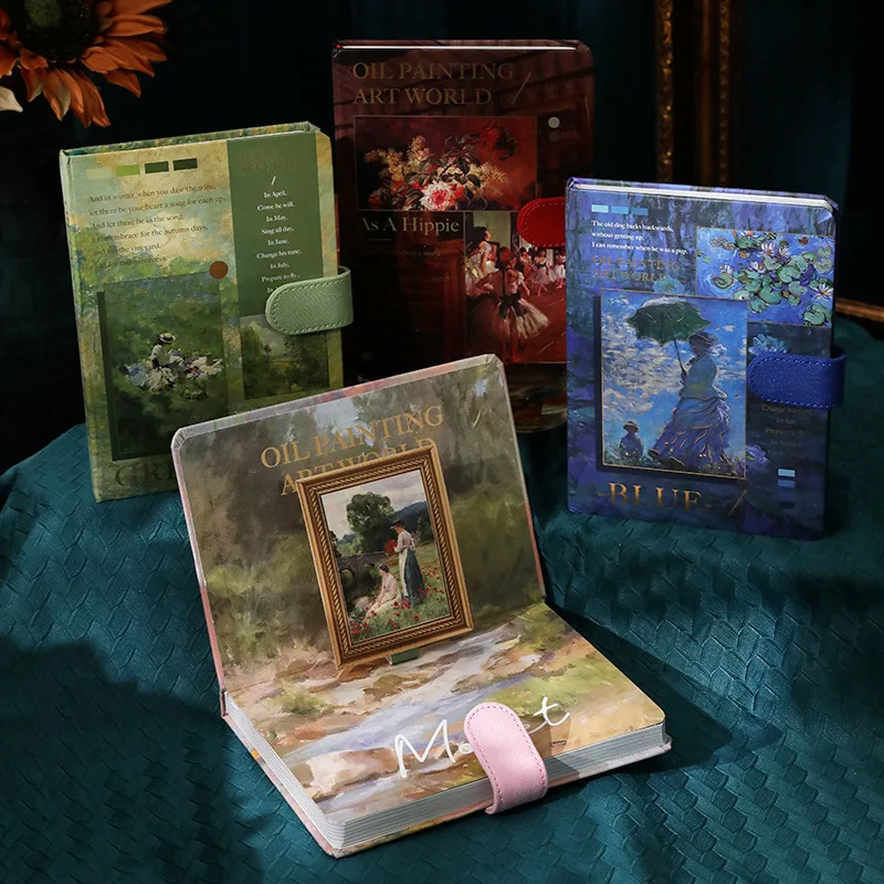 Vintage Oil Painting Pocket Notebook Magnetic Snap Mini Journal, Full Color Pages Ribbon Bookmark Travel Diary for Back‑to‑Schoo