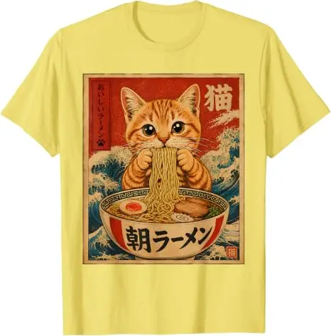 Lustiges Katzen-Ramen-Grafik Retro Japanisches Kawaii Anime Nudel T-Shirt Y2k Cartoon Weiches Baumwoll-T-Shirt für Frauen Männer Harajuku Tees – Detail 20