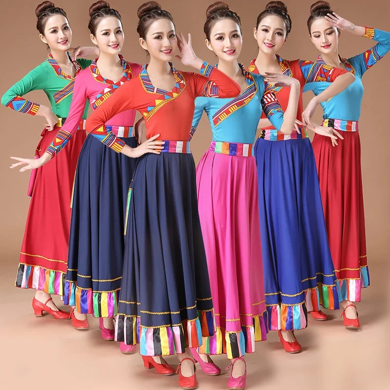 Trajes de dança tibetana, saia longa, estilo étnico feminino, conjunto dividido de duas peças