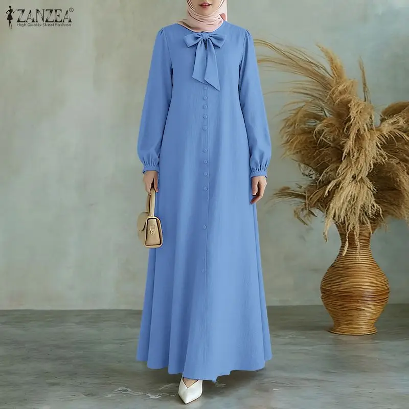 

ZANZEA Modest Hijabs Loose Long Maxi Dresses Muslim Casual Bow Detailed O-Neck Long Sleeve Abaya Robes Islamic Ramadan Clothes