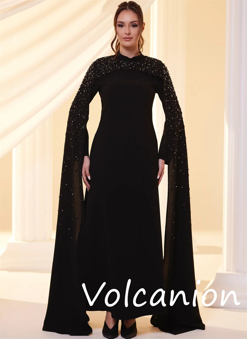 Customized Matching Retro Jersey Sequined A-line High Collar Midi Dresses Bespoke Occasion Pastrol Classic