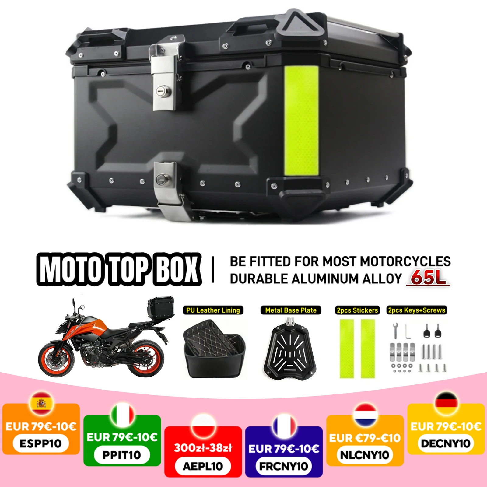 Boîte supérieure de moto universelle 45L/55L, boîte arrière en aluminium, coffre de moto, fixation rétractable et mécanisme d'attache de sécurité, boîte à outils étanche