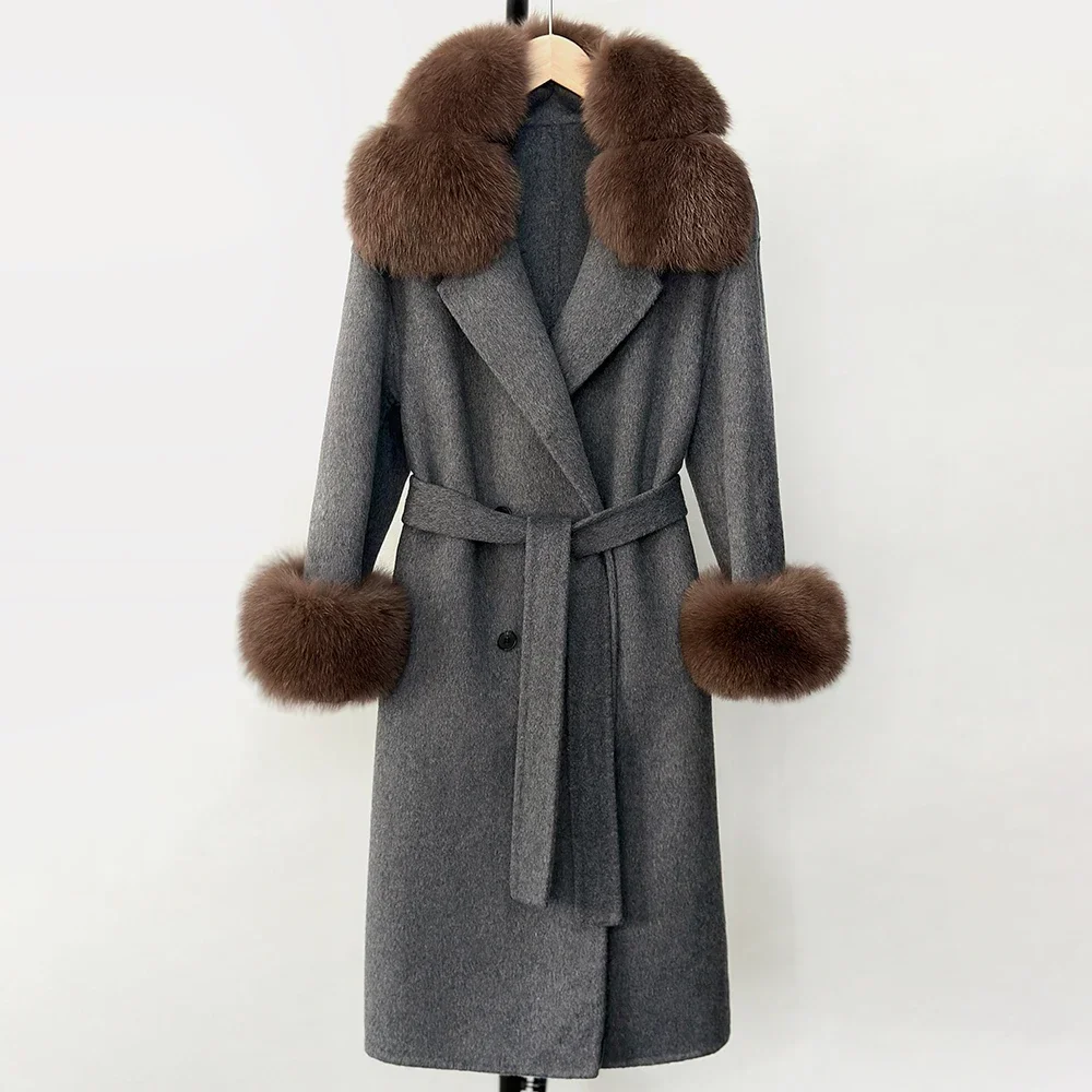 الواقع الفراء سترة الطبيعية ريال الثعلب الفراء طوق الصوف يمزج معطف الفراء الأصفاد سترة صوفية النساء الخريف الشتاء الكشمير ملابس خارجية #4