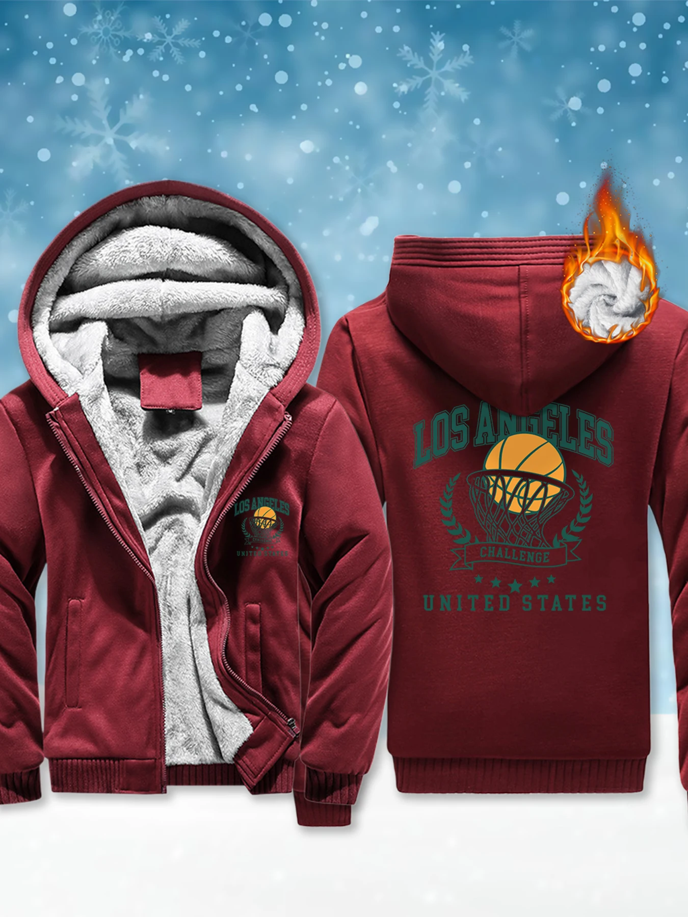 

Los Angeles California Letter Printed Male Coat Outdoor Streetwear Winter Sweatshirt Fleece Heavyweight Fashion Hooded Jacket