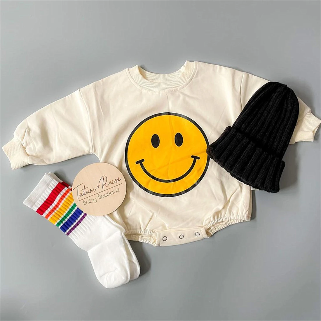 2023 Cute Infant Baby Boy Girl Romper Cartoon Smile Print Round Neck Long Sleeve Playsuit Autumn Cotton Infant Girl Clothing