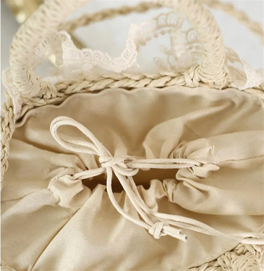 Mori Girl Lolita Flower Tulip Basket Straw Handbag Girl Kawaii Lace Trim Picnic Tea Party Outdoor Bag Props D1144