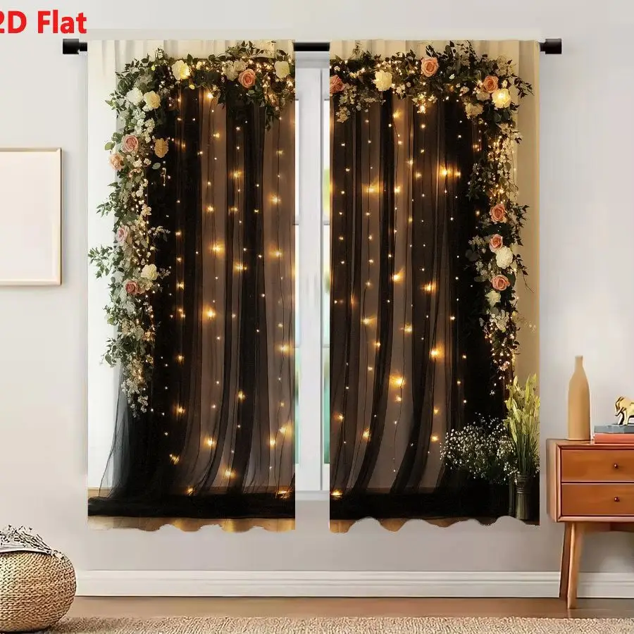 2Pcs Curtains 2D Flat Sheer Black Curtain With Warm - White Fairy Lights Elaborate Floral Arrangements Pink White Roses Lilies B