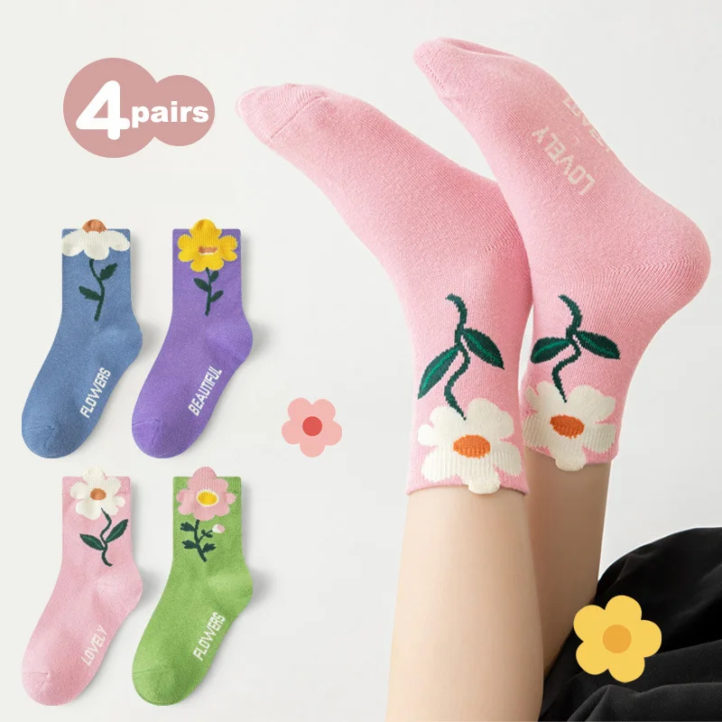 4 Paar Mädchensocken mit niedlichem Blumenmuster in Bonbonfarben, bequeme, atmungsaktive Kindersocken – Detail 5