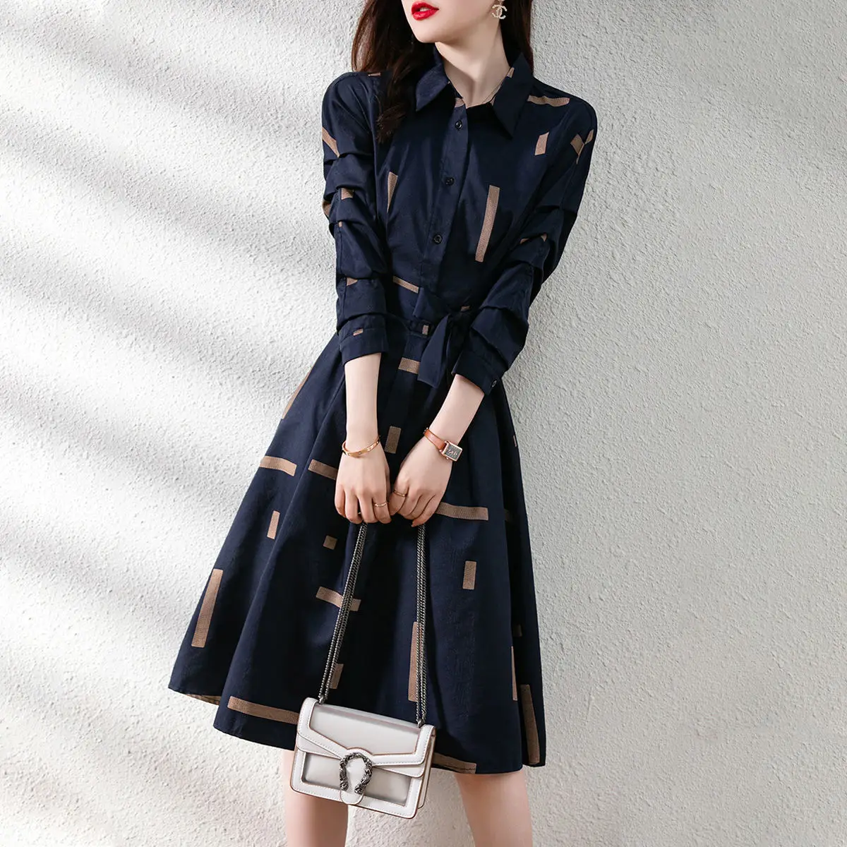 Elegant Fashion Geometric Printed Belt Dresses Spring 2023 Long Sleeve Polo-neck Loose Tunic Pullover Midi Dress Female Clothing