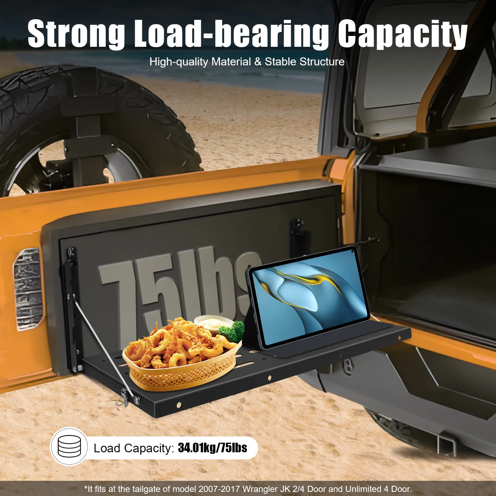Klappbarer Heckklappen-Tisch 34,01kg/75lbs Tragfähigkeit Tragbarer Klapp-Esstisch für 07-17 Jeep Wrangler JK 2/4-Türer – Detail 2