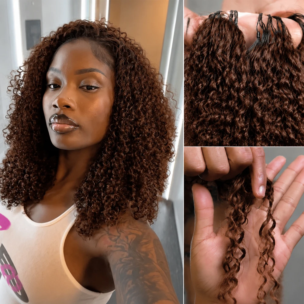 Chocolate Brown #4 Kinky Curly Human Crochet Hair Extensions Miracle Knots Knotless Feather Braiding Hair Pre Separated Invisible Loop Crochet Bundles Soft Natural Texture Bohemian Style Lightweight Reusable Hair For Black Women