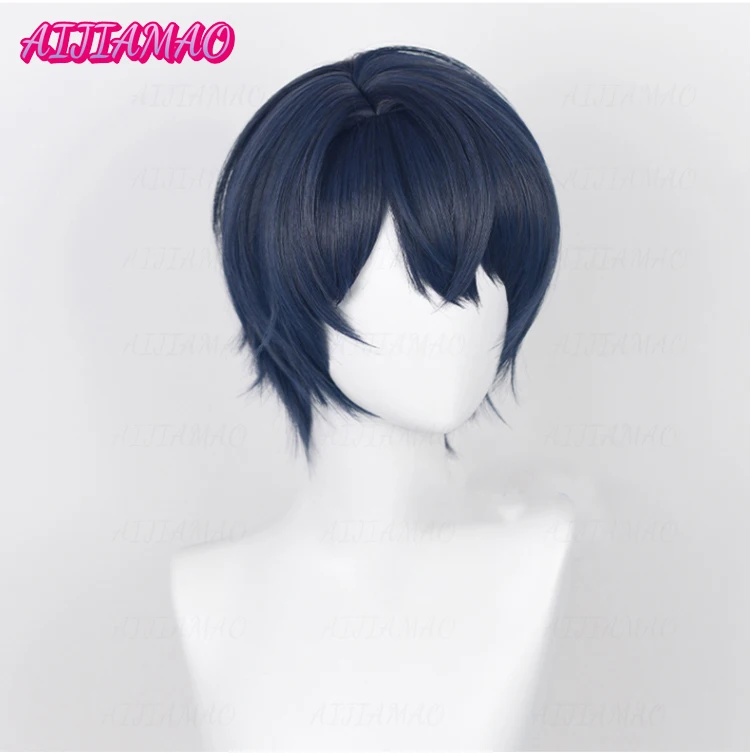 Perruque de Cosplay courte pour homme, cheveux résistants à la chaleur, 30cm, bleu, gris, haute qualité