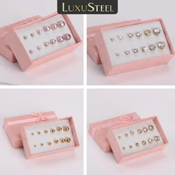 LUXUSTEEL 3-8mm 6Pairs/Box Stainless Steel Stud Earrings Cubic Zircon Rose Golden Round Ball Ear Post Jewelry Gift for Women