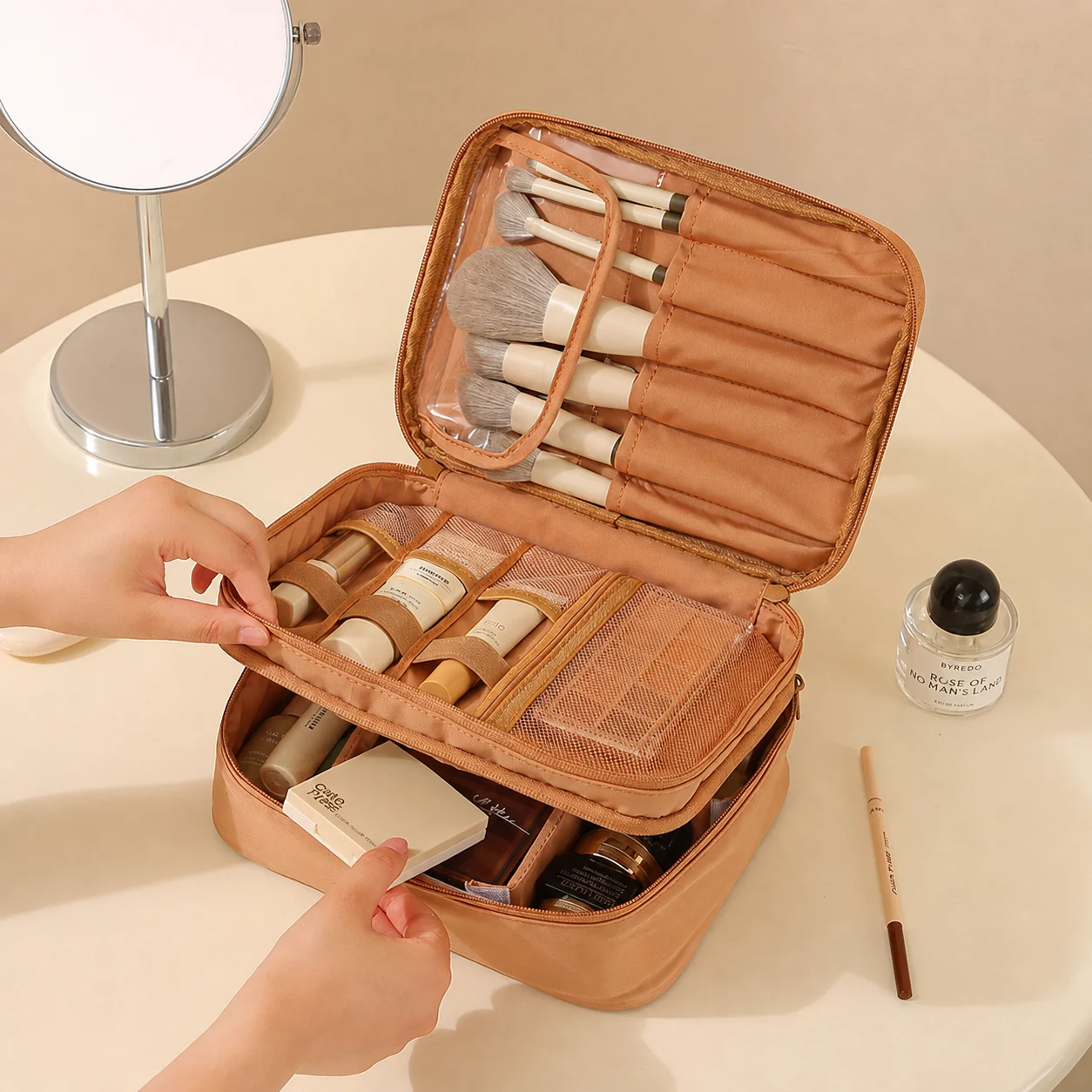 Divider Cosmetic Bag Double-Layer Travel Cosmetic Bag Oxford Cloth Cosmetic Bag Large Capacity For Toiletry Storage Daily Home