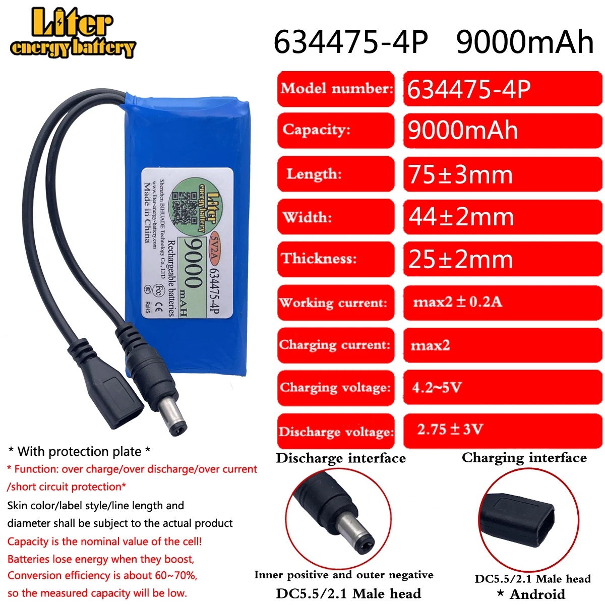 5V 2A 634475-4P 9000MAH Booster Battery Small Microcontroller Intelligent Lock LED Lamp Power Supply 4.8V Lipo Battery