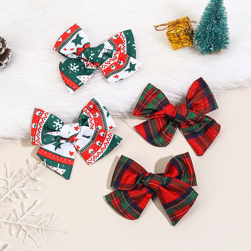 2PCS Vintage Christmas Plaid Hair Bow Clip For Girls Handmade Hairgrips Kids Hairpin Barrettes Children Headwear Accessories