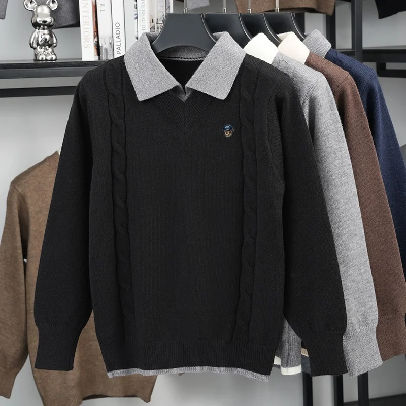 Men's Fake Two Piece Lapel Knitted Sweater Autumn Winter New Arrival Keep Warm Long Sleeved Pullover Solid Color Versatile Tops