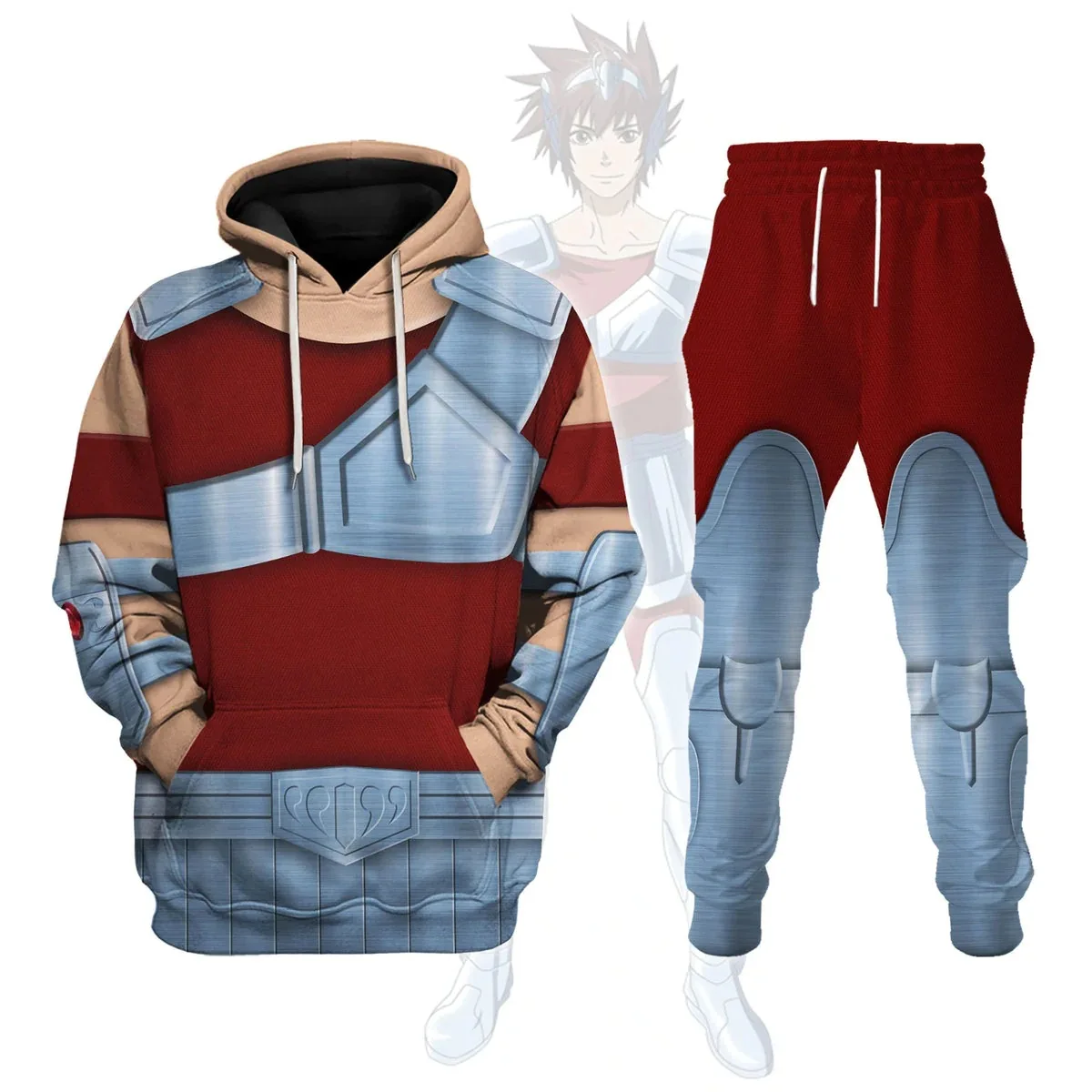 Conjunto de Sudadera con capucha y pantalones con estampado de Saint Seiya para hombres, chándal de calle Harajuku para niños, trajes deportivos de