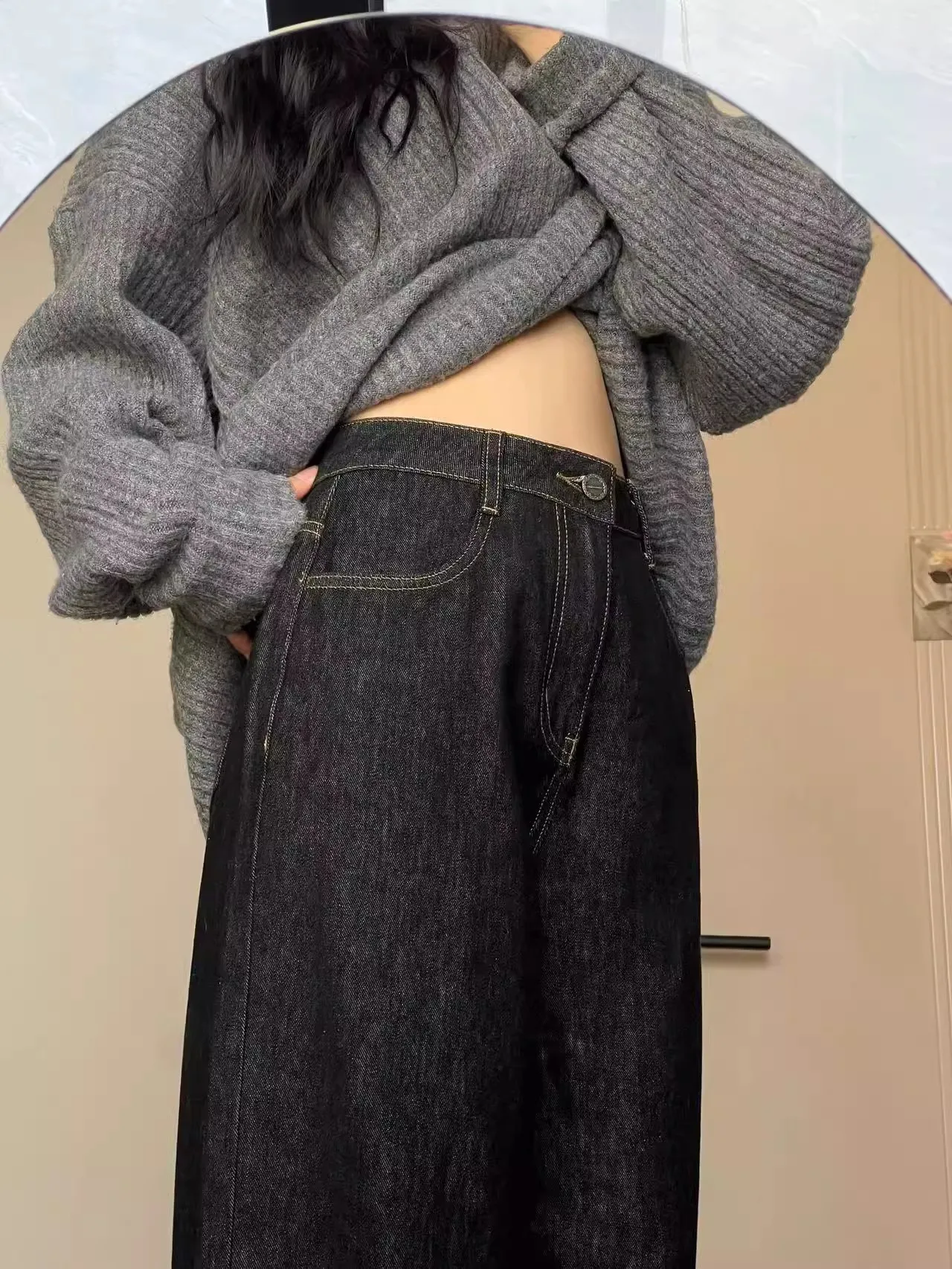 Y2K جينز نسائي أمريكي عالي الخصر أسود بطبعة الفهد حافة ملفوفة واسعة الساق فضفاضة متباينة غرزة الصيف السراويل #5