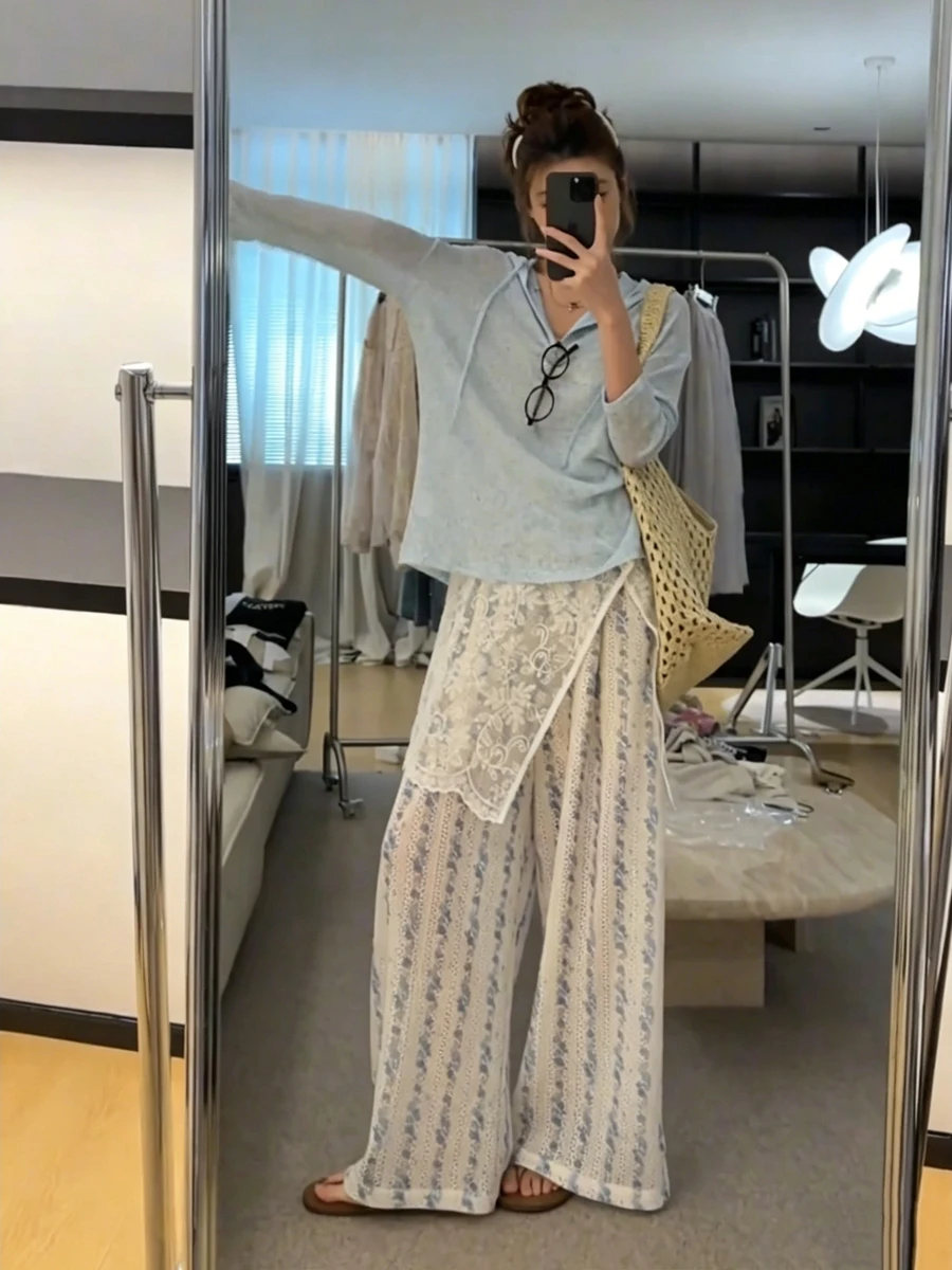 

plus Size Women's Summer New Style Color Hoodie Knitted Top Floral Straight Leg Pants Fashionable Casual Outfit Two Pie...