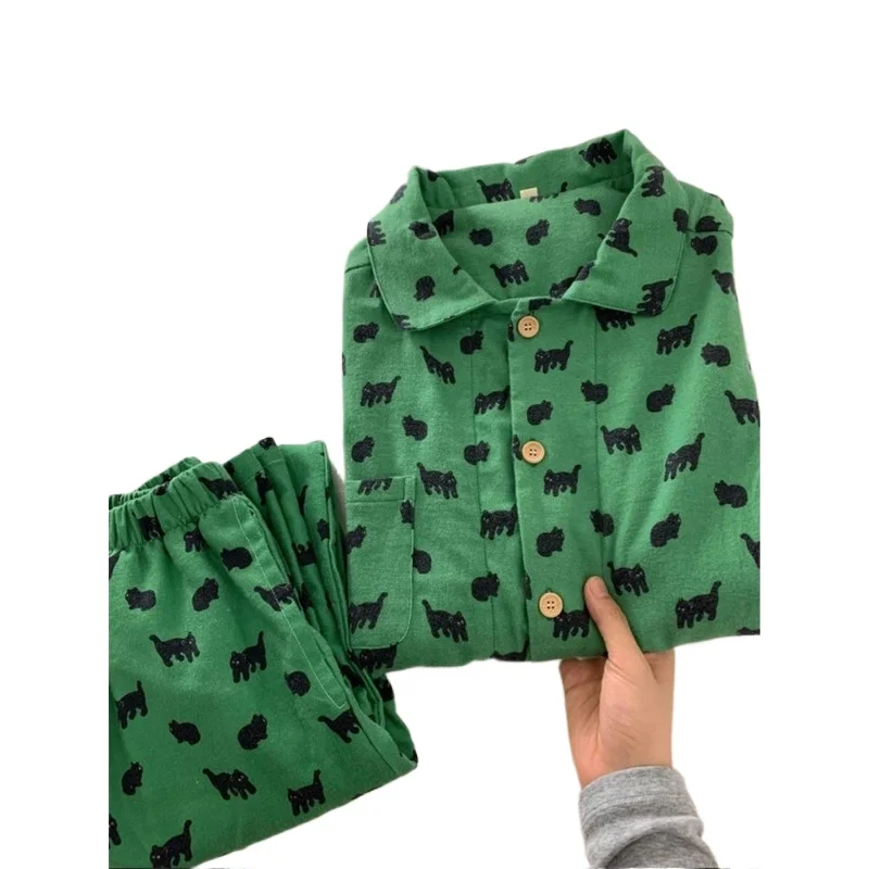 

Korean Version Contrasting Color Kitten Printing Polished Pajamas Women's Spring New Cute Loungewear Suit Can Be Worn Outside