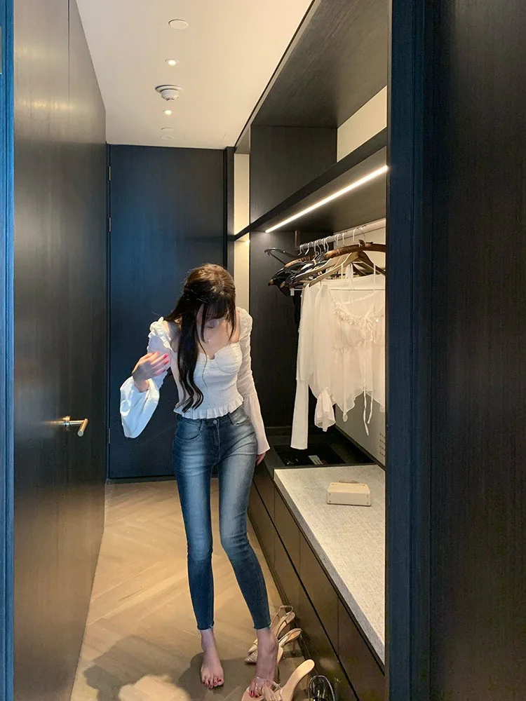 

Retro adient Slim Fit High Waist Women's Jeans Capri Pants Korean Sle Cotton Stretch Denim Spring Autumn Faion Trend