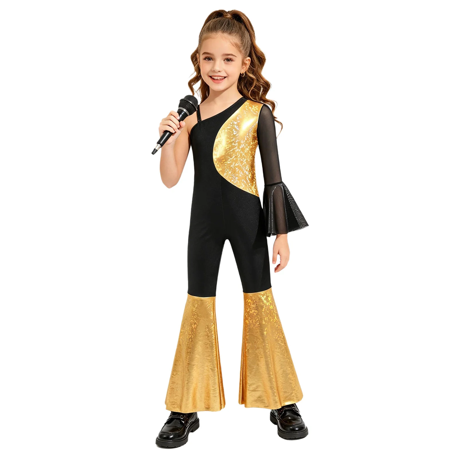 Children Singer Hip Hop Dance Jumpsuits Stage Performance Wear Kids Girls Disco Costume Shiny Flares Jumpsuit Rave Dancewear