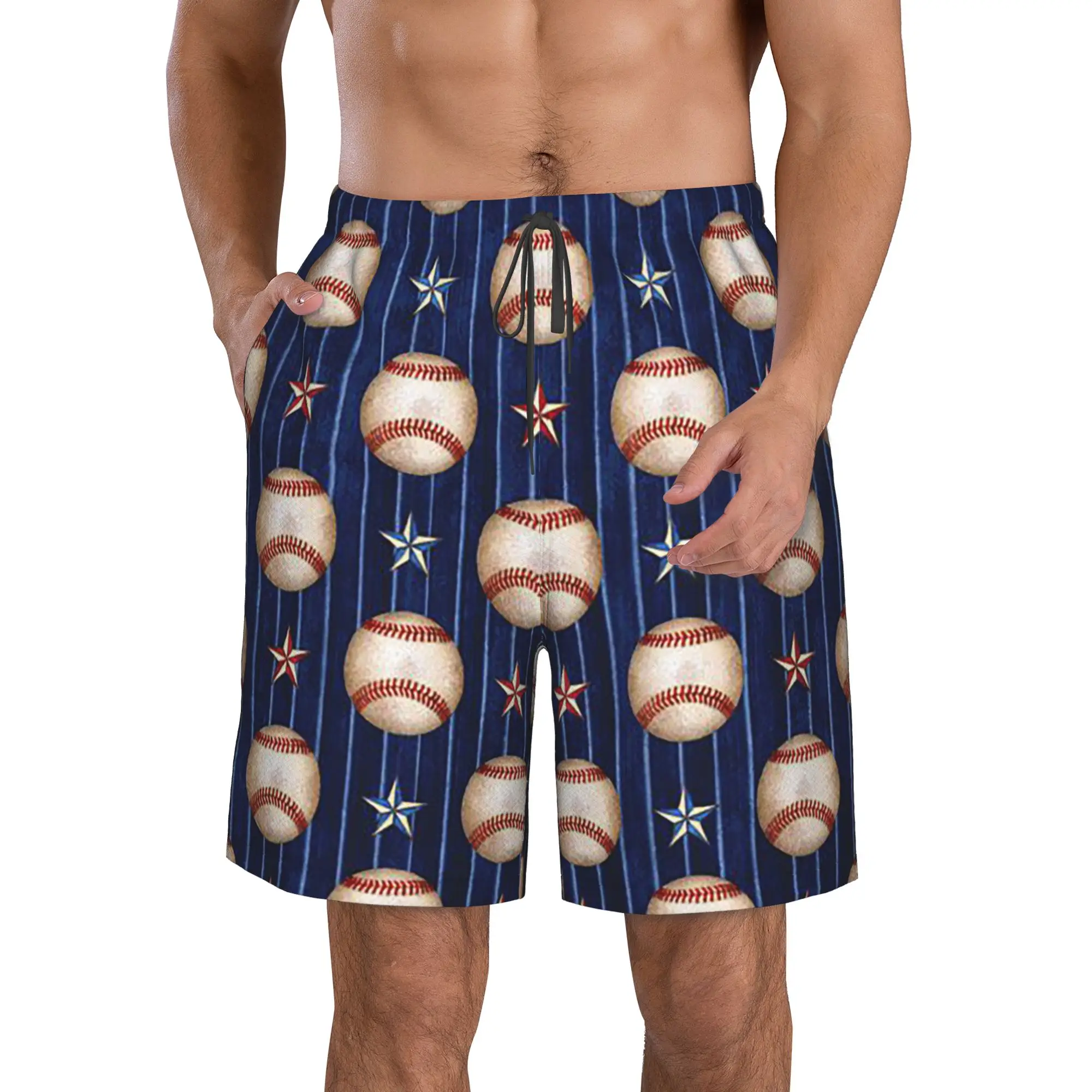 Baseball and Stars Pattern Trunks Beach Board Shorts Casual Quick Dry Swim Summer Men Pants