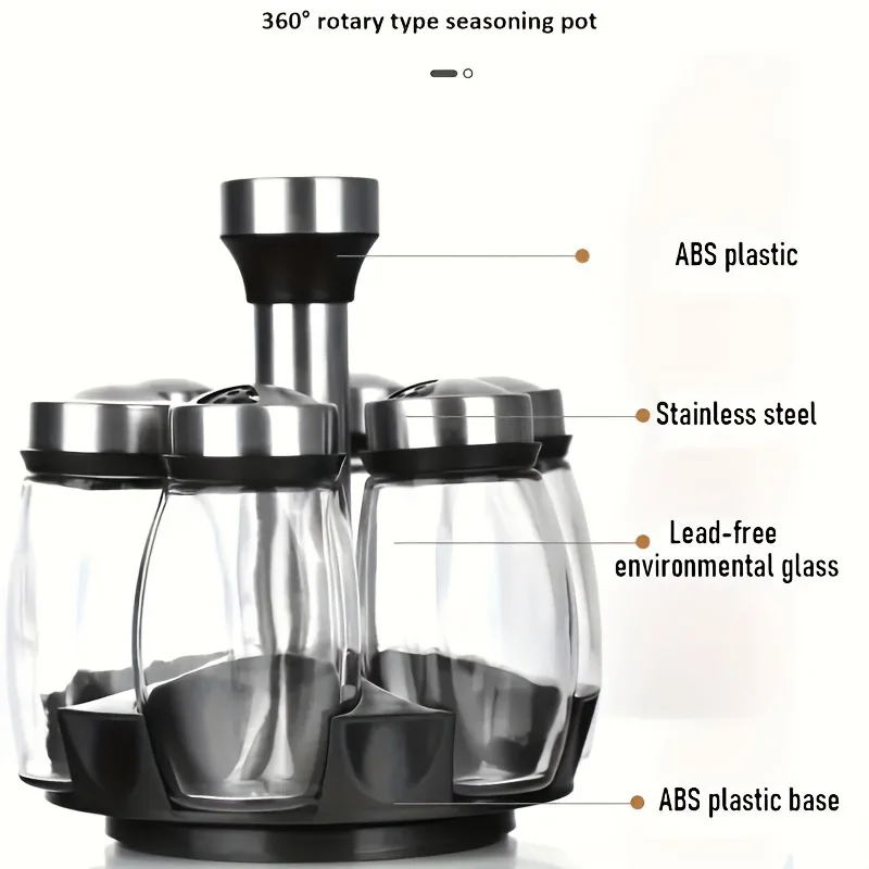 Rotating Seasoning Box, Flavored Salt Set, Glass Seasoning Box, Barbecue Stainless Steel, Kitchen and Home Use