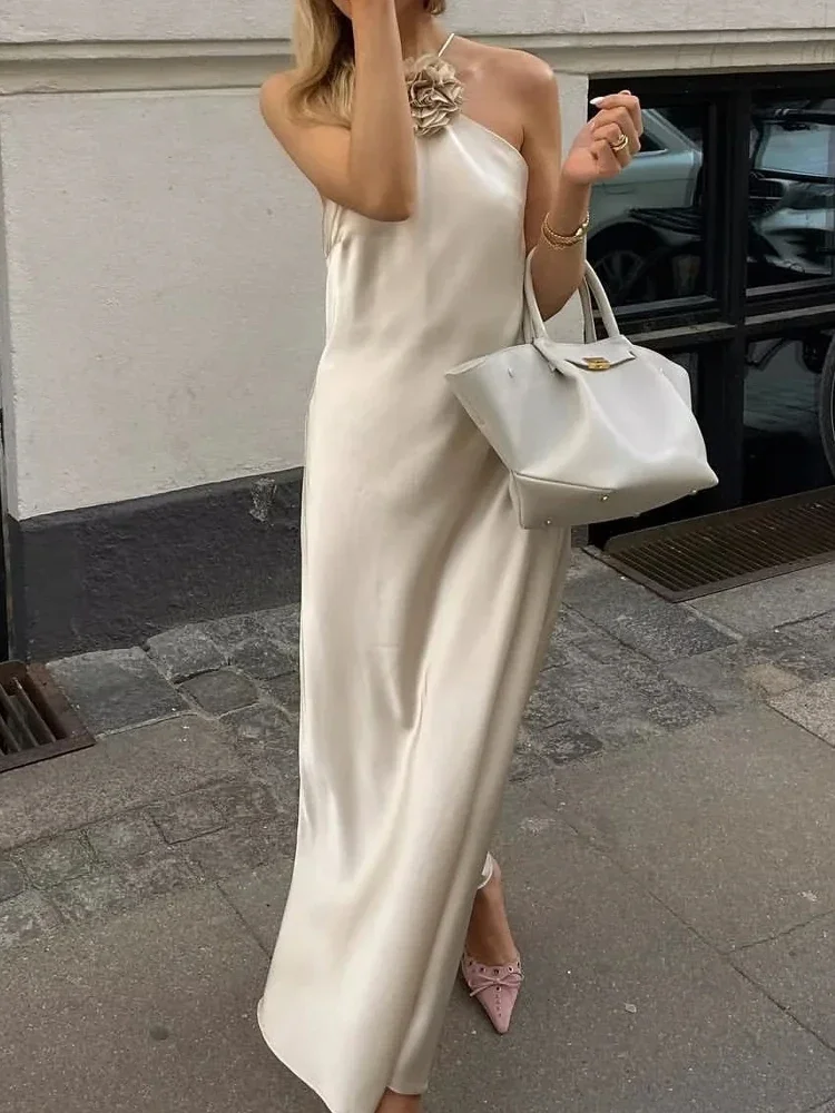 Applique feminino cetim halter vestido primavera verão feminino elegante moda vestido feminino sem costas vestido de noite