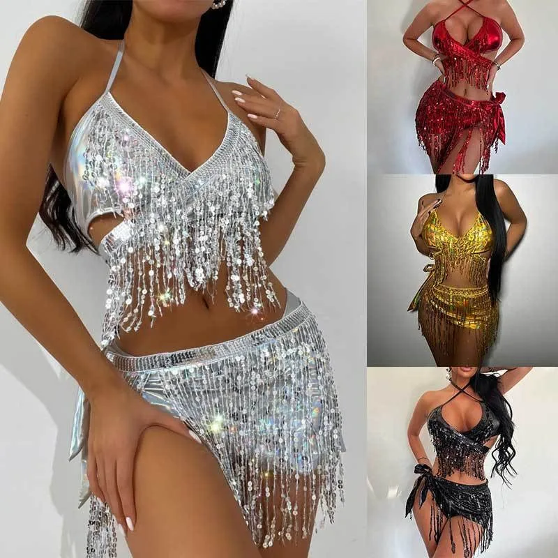 

2025 Holographic Sequin Fringe Two-Piece Set | Music Festival Stage Outfit with Open Back, Sexy Party Performance Costume