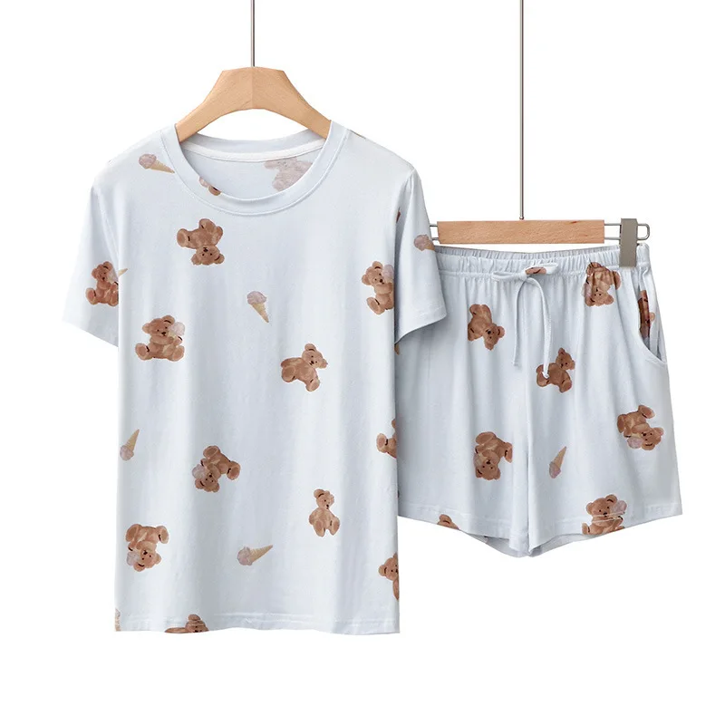 2024 New Japan Style Cute Bear Printed Pajama Set O-neck Short Sleeve Tee+ Belt Elastic Waist Shorts Women Two Piece Set Summer