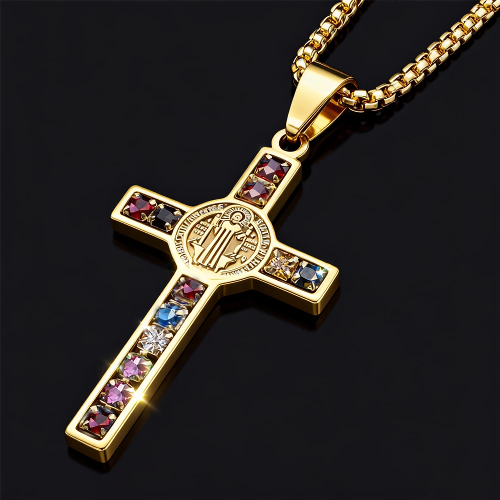 Collar de acero inoxidable con cruz de Jesús y San Benito, crucifijo católico, collares de circón de colores para hombre, joyería de San Benito