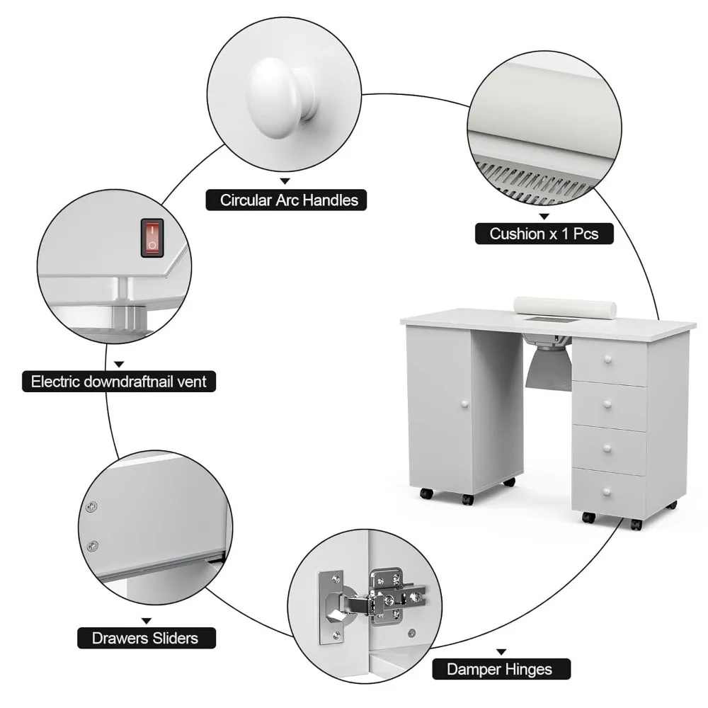 Manicure prego Workstation com DownDraft Vent elétrica, Nail Desk, Nail Art Equipamentos, Almofada de pulso, Bloqueável Rodas