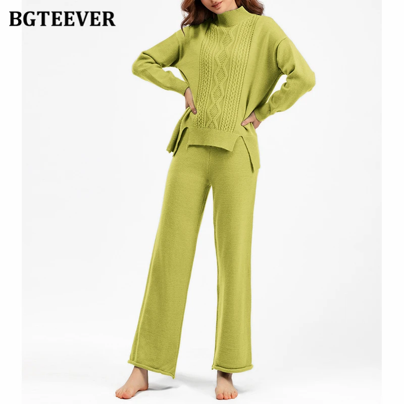 

BGTEEVER Autumn Winter Thicken Warm Knitted Set for Women Long Sleeve Turtleneck Sweaters Female Wide Leg Knitted Trousers