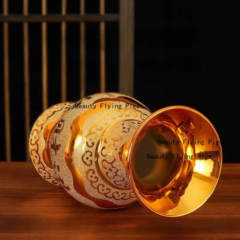 1PC Gold Ceramic Tabletop Vase Buddha Utensil Prayer Enshrine  Living Room Decoration Make A Fortune Flower Planter Home Decor