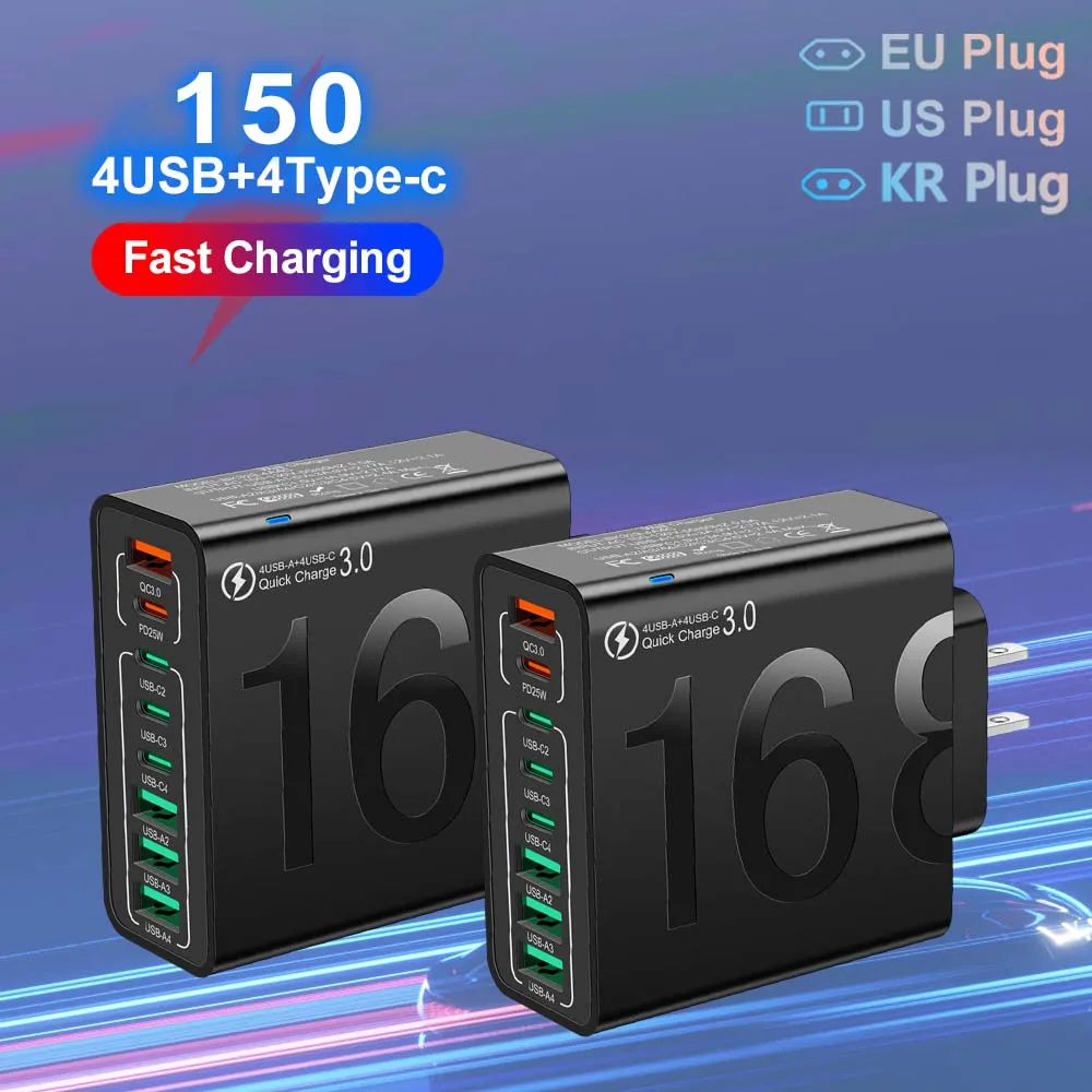 Total 150 8 Ports Fast Charging QC3.0 Travel Charger For iPhone 14 Samsung Xiaomi EU US KR Plug Mobile Phone Wall Adapter