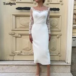 Toofgon Sheath Matte Satin Wedding Gowns Lace Long Sleeves Bride Dresses Pleated Customized Midi Formal Prom Party Bride Dress