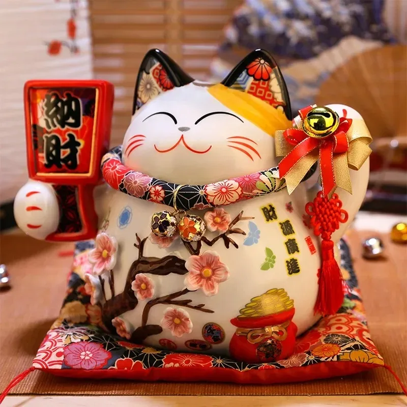 8 Inch Chinese Ceramic Lucky Cat Piggy Bank Sakura Cat Home Decoration Gift Statue Figurine for Home Office Ornaments