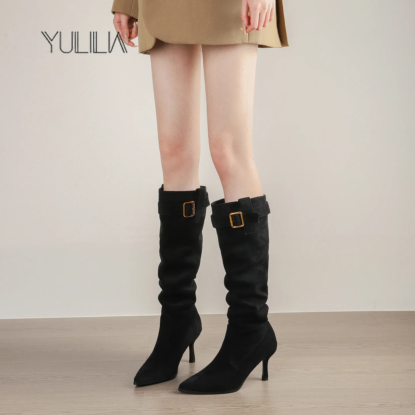 YULILIA Designer Maillard Stacking Boots Suede Pointed Toe High Heel Knee High Boots Large Tube Suede Large Size Boots Women