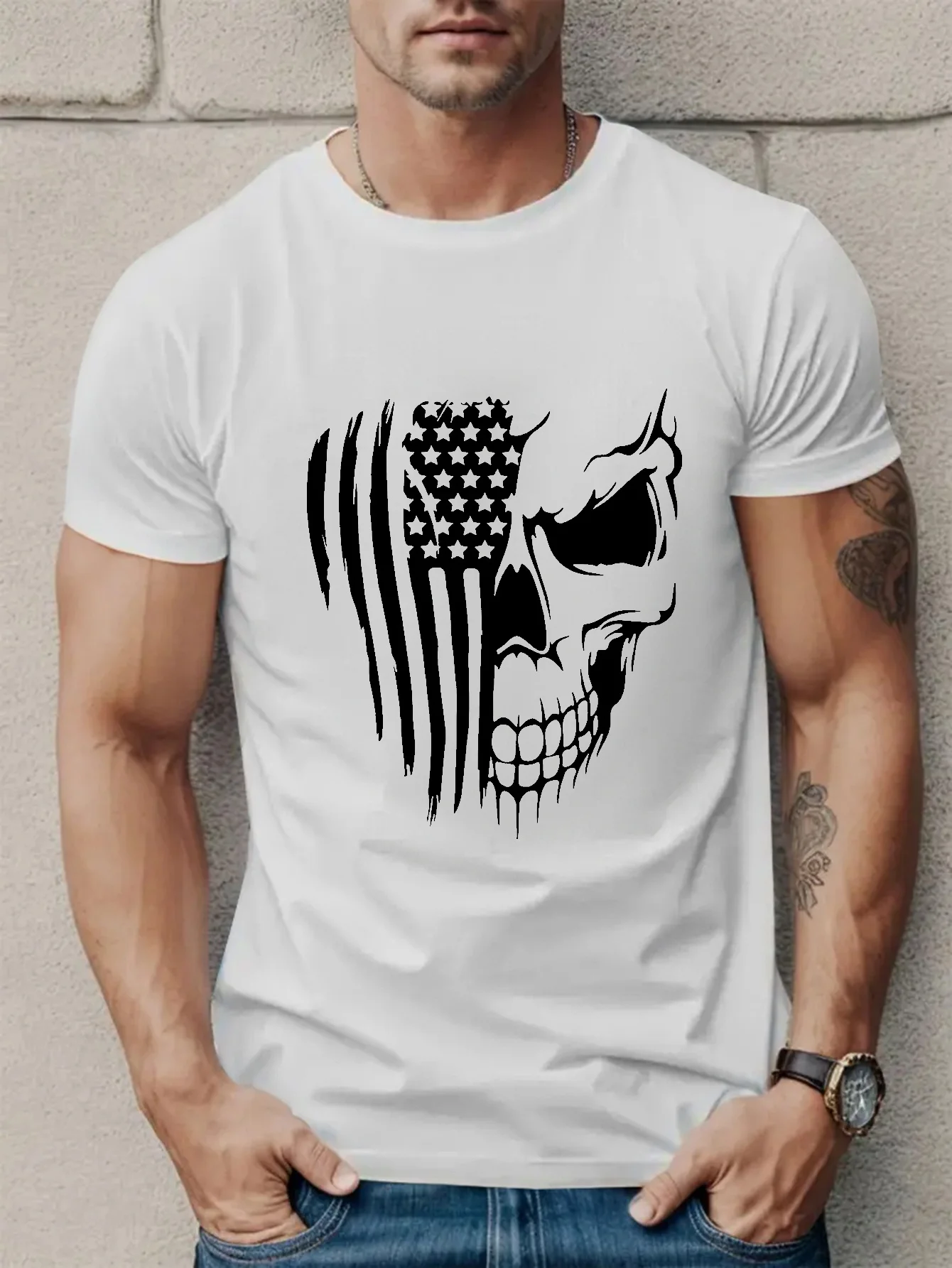 

Skull & American Flag Design T-Shirt 100% Cotton O-Neck Short Sleeve Summer Casual Mens T-shirt Streetwear