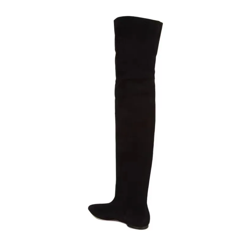 Black Suede Flat Over The Knee Boots Plus Size 43 Pointed Toe Stretch Fabric Tight High Boots Customized
