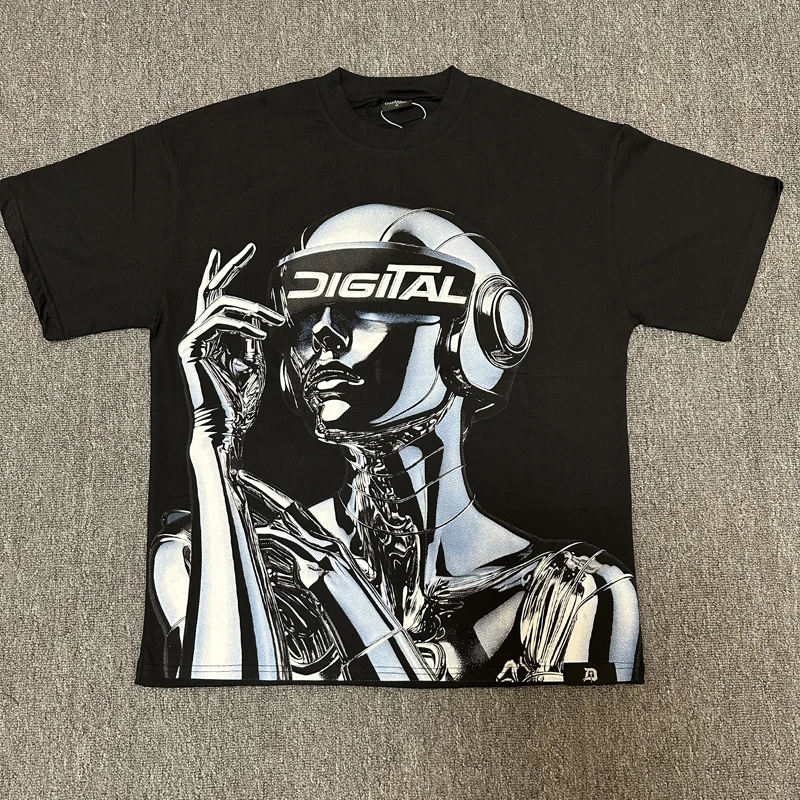 Hip Hop DIGITAL T-Shirt Men Double Side Print Cyber Robot Gradient Rhinestone Gothic Streetwear Unisex Cotton Digital Tee Stock