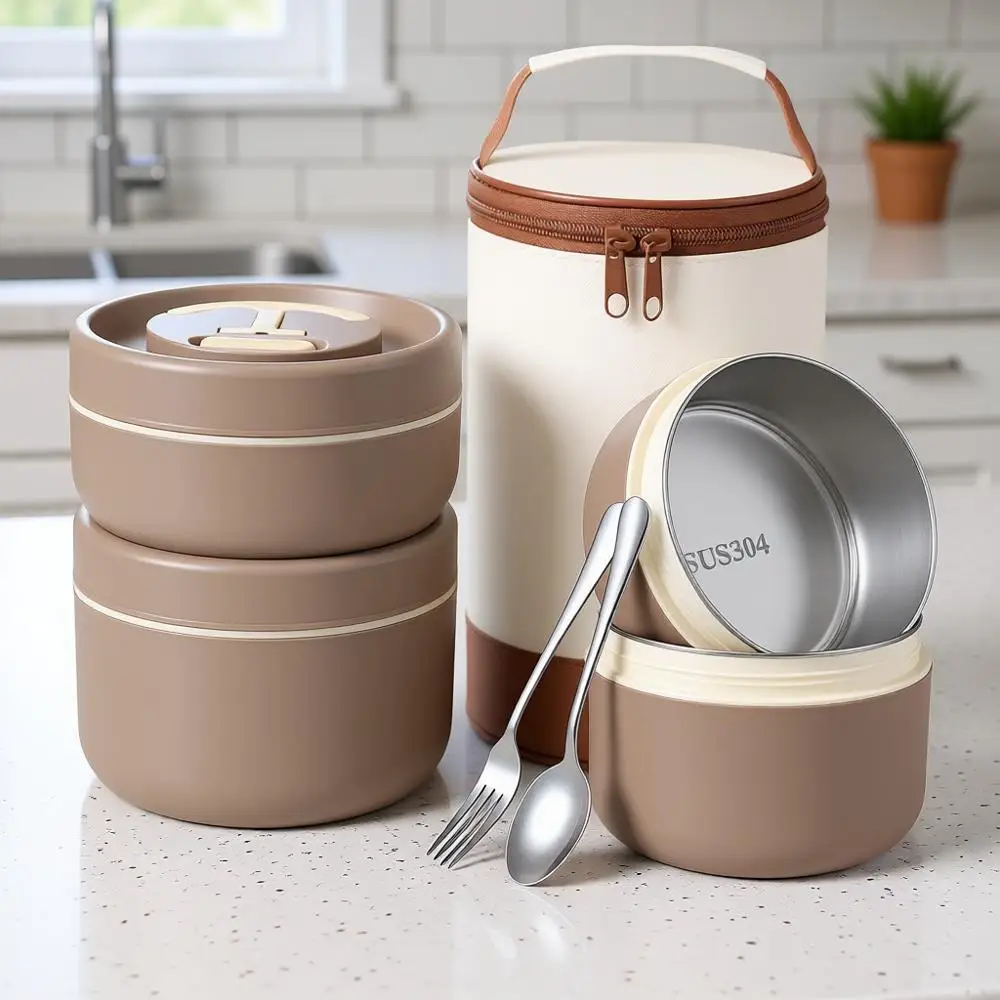 

Portable Insulated Lunch Container Set, Stackable Stainless Steel Bento Box, 3 Separate Thermal Food Containers with Insulated L